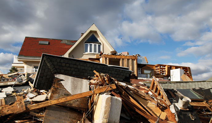 Damaged house buildings on disaster