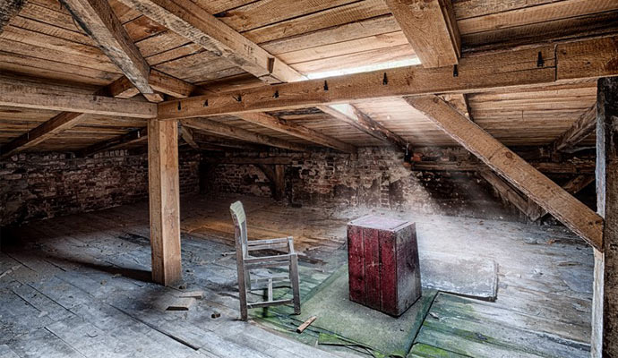 Water damaged attic with broken chair